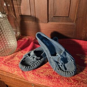 Blue Suede Moccasins with Fringe